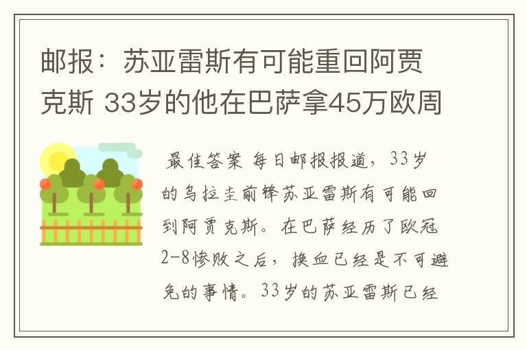 邮报:苏亚雷斯有可能重回阿贾克斯 33岁的他在巴萨拿45万欧周薪