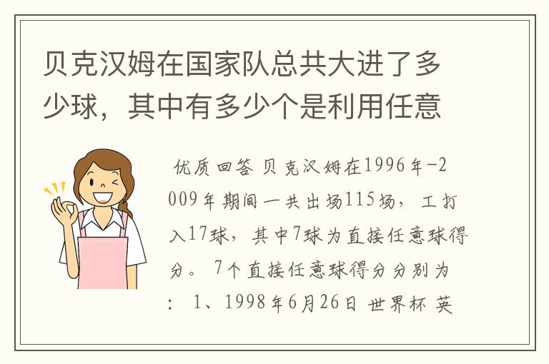 贝克汉姆在国家队总共大进了多少球,其中有多少个是利用任意球破门的!