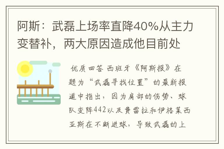 阿斯:武磊上场率直降40%从主力变替补,两大原因造成他目前处境