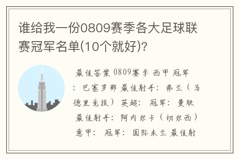 谁给我一份0809赛季各大足球联赛冠军名单(10个就好)?