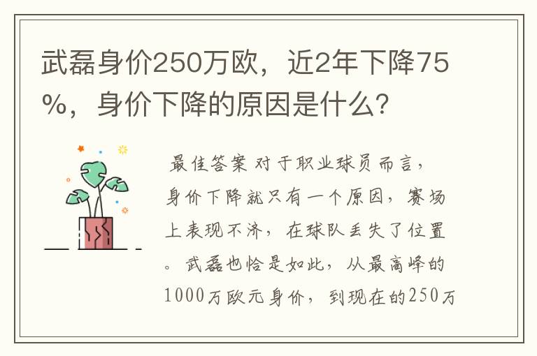 武磊身价250万欧,近2年下降75%,身价下降的原因是什么?