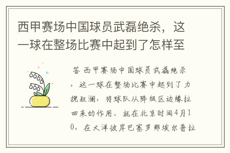 西甲赛场中国球员武磊绝杀,这一球在整场比赛中起到了怎样至关作用?