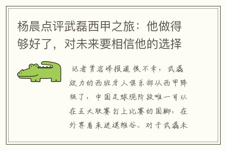杨晨点评武磊西甲之旅:他做得够好了,对未来要相信他的选择