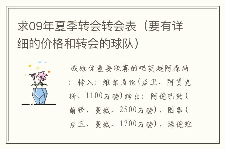 求09年夏季转会转会表(要有详细的价格和转会的球队)