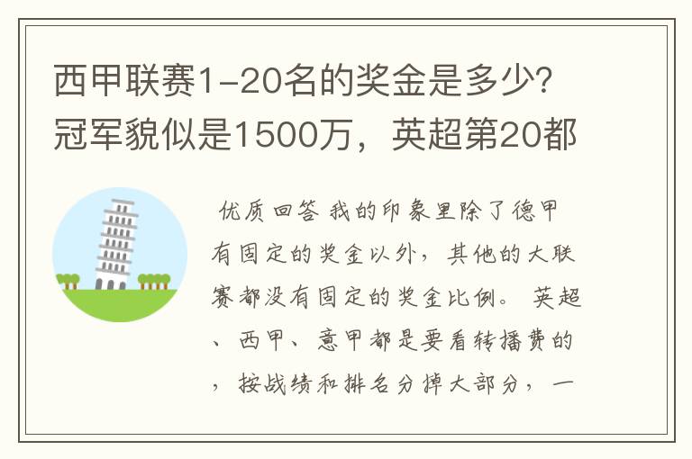 西甲联赛1-20名的奖金是多少?冠军貌似是1500万,英超第20都是4000万呀!