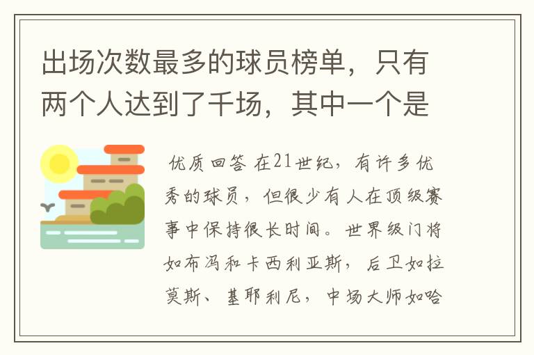 出场次数最多的球员榜单,只有两个人达到了千场,其中一个是C罗
