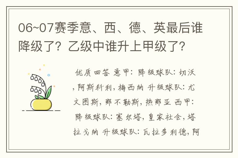 06~07赛季意、西、德、英最后谁降级了?乙级中谁升上甲级了?