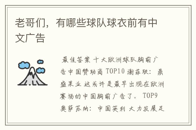 老哥们,有哪些球队球衣前有中文广告