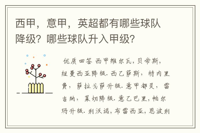 西甲,意甲,英超都有哪些球队降级?哪些球队升入甲级?