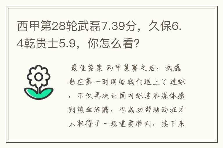 西甲第28轮武磊7.39分,久保6.4乾贵士5.9,你怎么看?
