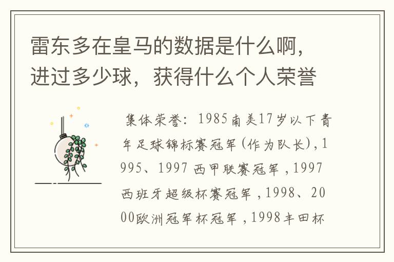 雷东多在皇马的数据是什么啊,进过多少球,获得什么个人荣誉没?