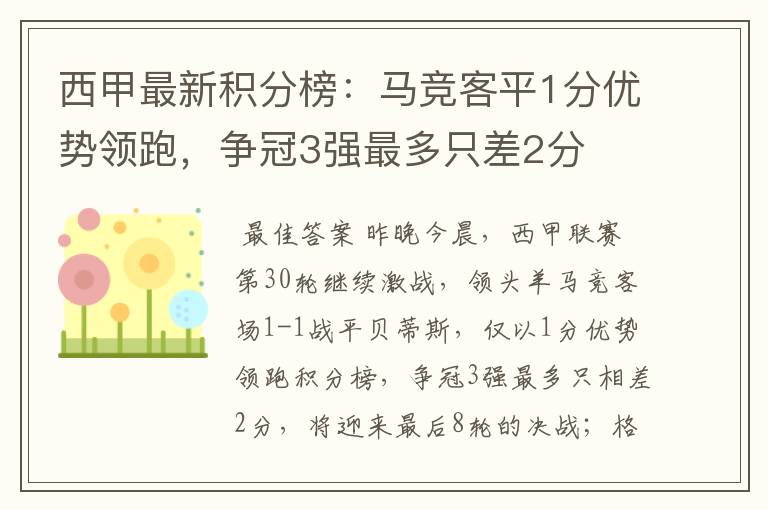 西甲最新积分榜:马竞客平1分优势领跑,争冠3强最多只差2分