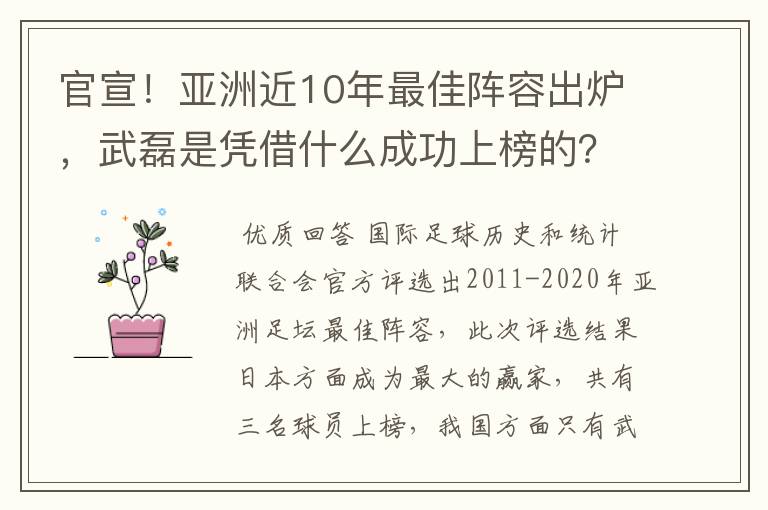 官宣!亚洲近10年最佳阵容出炉,武磊是凭借什么成功上榜的?