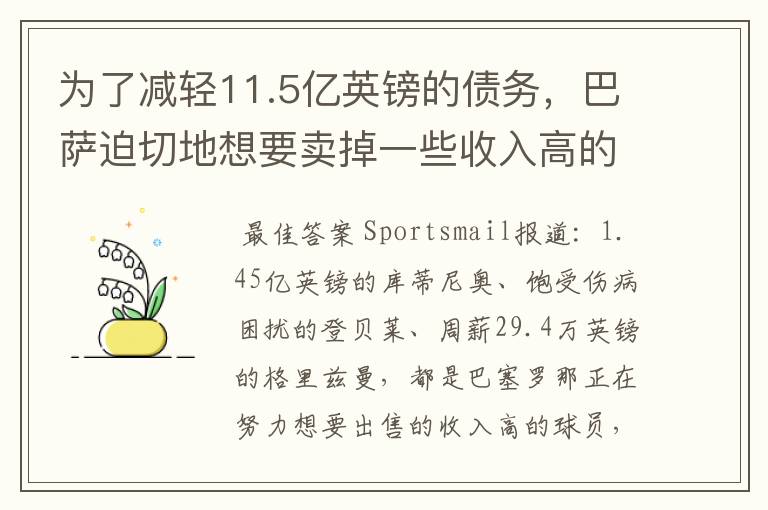 为了减轻11.5亿英镑的债务,巴萨迫切地想要卖掉一些收入高的球员