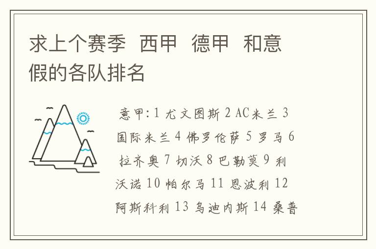 求上个赛季 西甲 德甲 和意假的各队排名