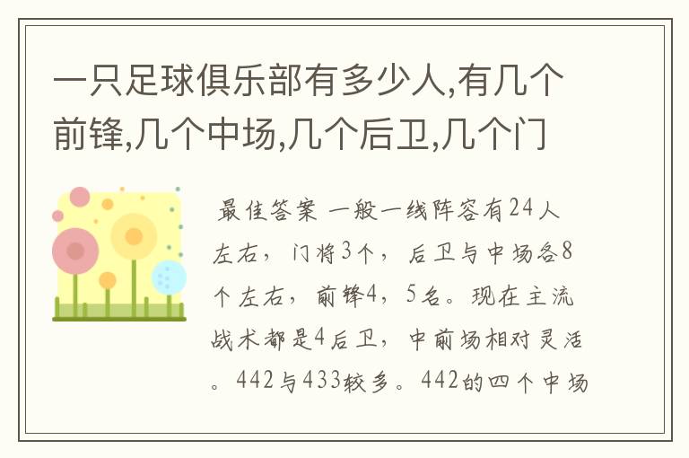 一只足球俱乐部有多少人,有几个前锋,几个中场,几个后卫,几个门将,打什么战术?