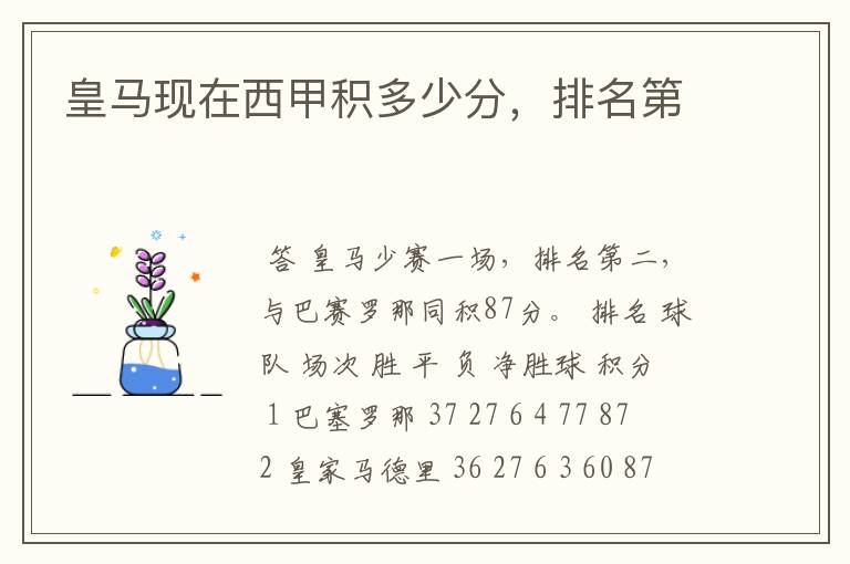 皇马现在西甲积多少分,排名第