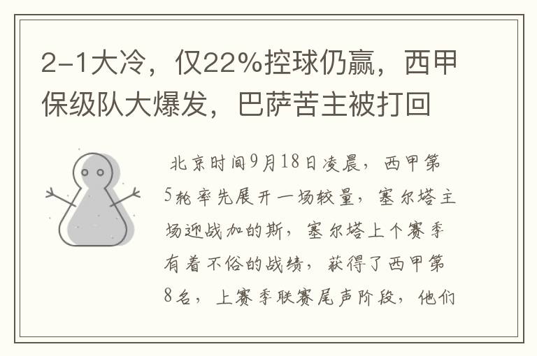 2-1大冷，仅22%控球仍赢，西甲保级队大爆发，巴萨苦主被打回原形