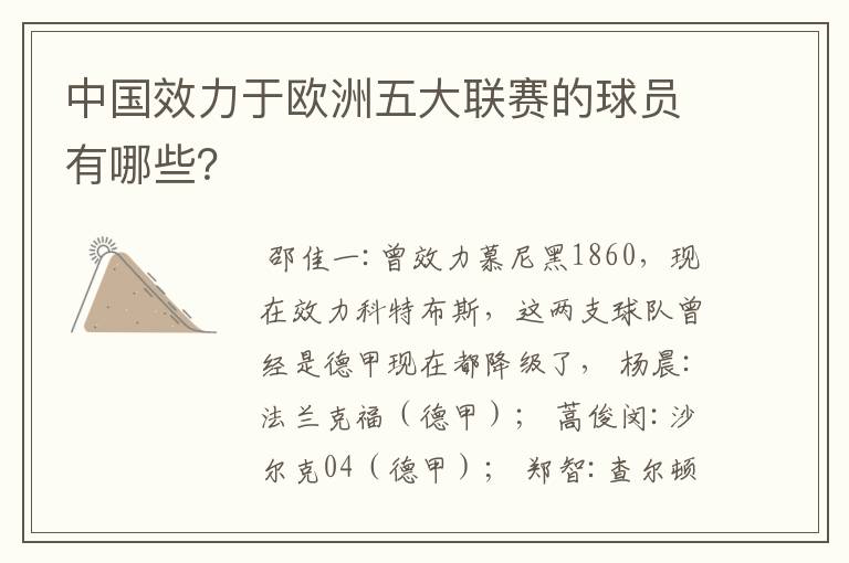 中国效力于欧洲五大联赛的球员有哪些?
