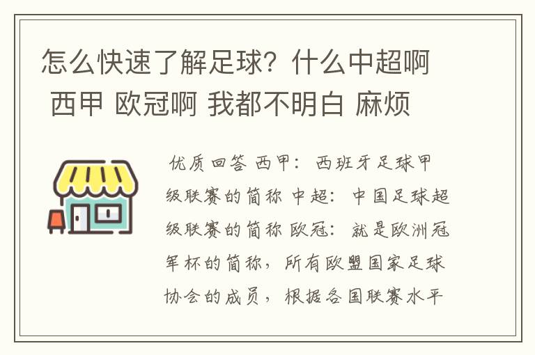 怎么快速了解足球?什么中超啊 西甲 欧冠啊 我都不明白 麻烦 有哪位特别了解足球的 跟我讲讲,多谢