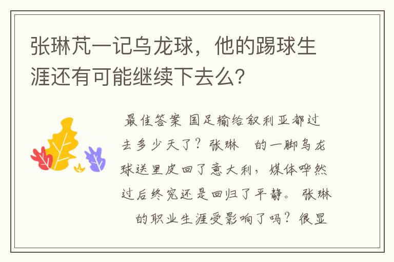 张琳芃一记乌龙球,他的踢球生涯还有可能继续下去么?