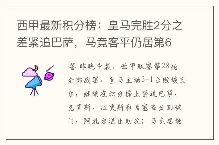 西甲最新积分榜:皇马完胜2分之差紧追巴萨,马竞客平仍居第6