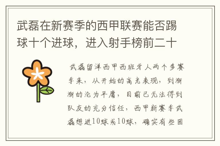武磊在新赛季的西甲联赛能否踢球十个进球,进入射手榜前二十?