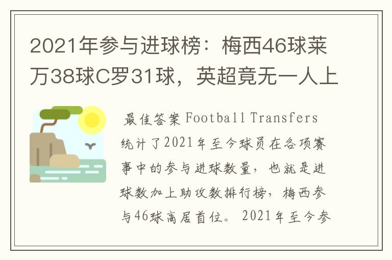 2021年参与进球榜:梅西46球莱万38球C罗31球,英超竟无一人上榜