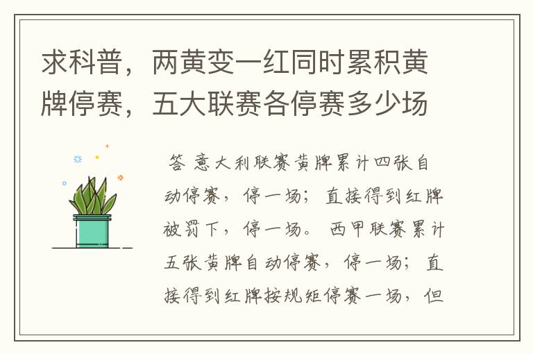 求科普,两黄变一红同时累积黄牌停赛,五大联赛各停赛多少场?