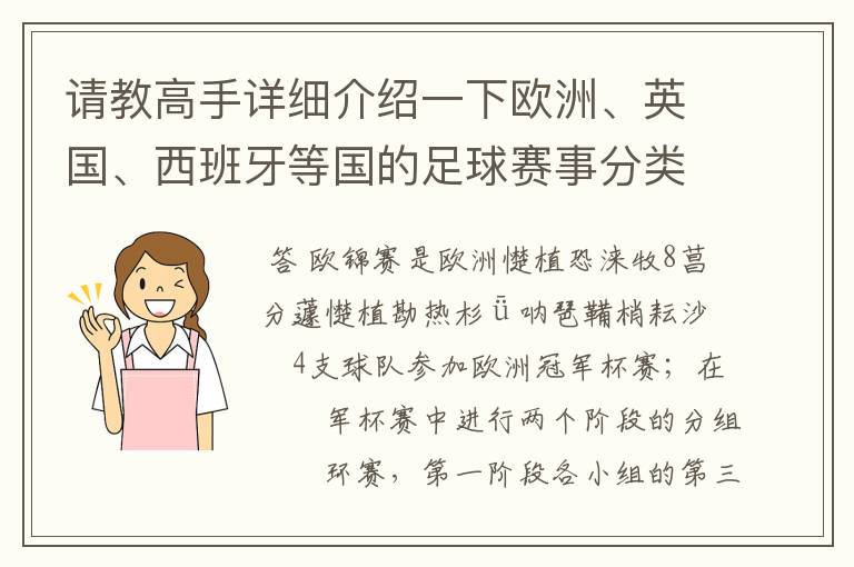 请教高手详细介绍一下欧洲、英国、西班牙等国的足球赛事分类!