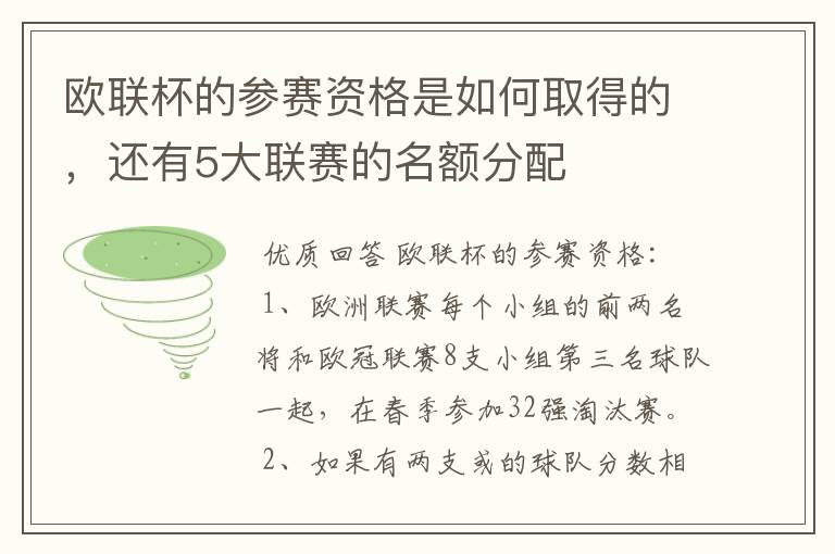 欧联杯的参赛资格是如何取得的,还有5大联赛的名额分配