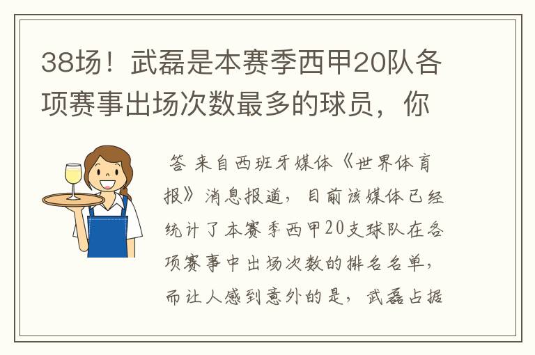 38场!武磊是本赛季西甲20队各项赛事出场次数最多的球员,你怎么看?