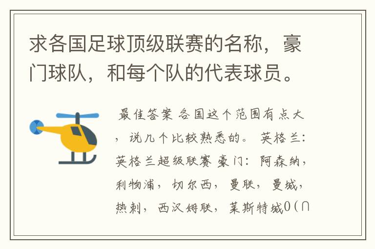 求各国足球顶级联赛的名称,豪门球队,和每个队的代表球员。