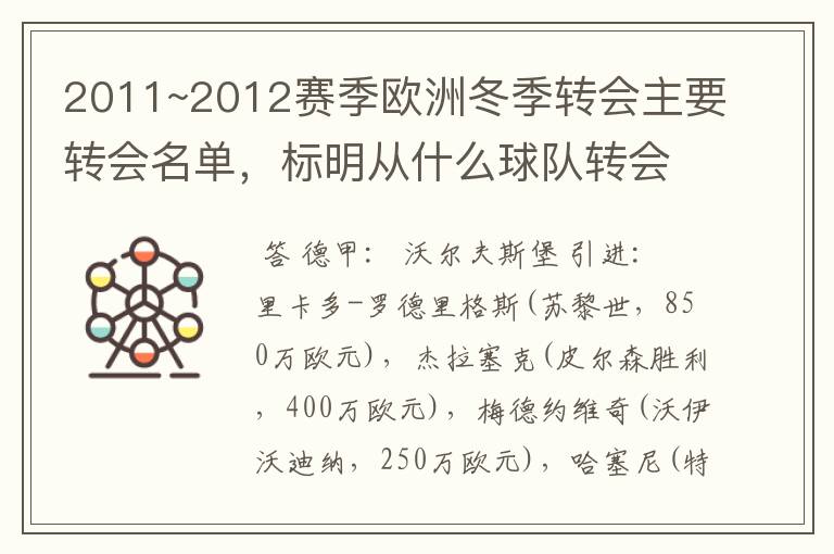 2011~2012赛季欧洲冬季转会主要转会名单,标明从什么球队转会到什么球队,多谢~