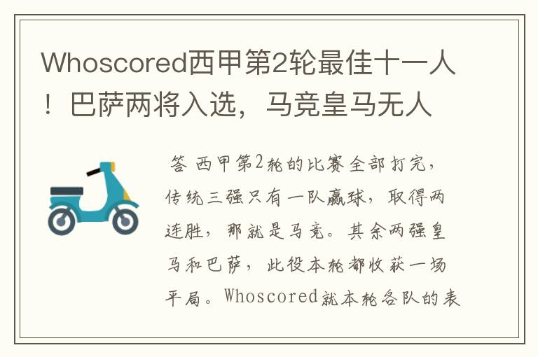 Whoscored西甲第2轮最佳十一人!巴萨两将入选,马竞皇马无人上榜