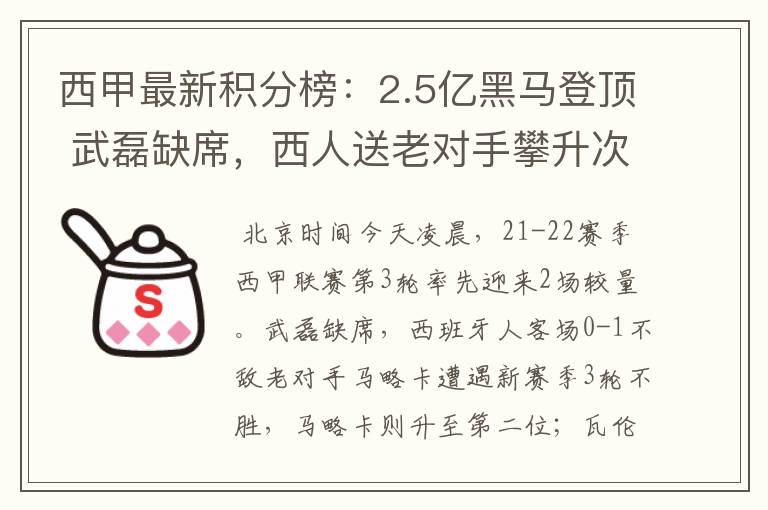 西甲最新积分榜:2.5亿黑马登顶 武磊缺席,西人送老对手攀升次席