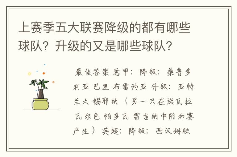 上赛季五大联赛降级的都有哪些球队?升级的又是哪些球队?