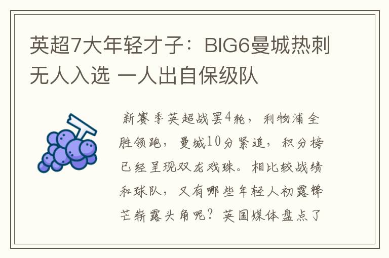 英超7大年轻才子:BIG6曼城热刺无人入选 一人出自保级队
