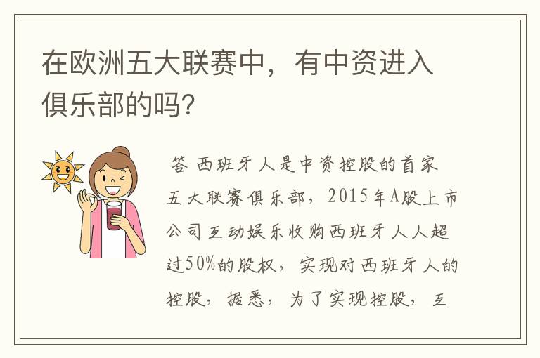 在欧洲五大联赛中,有中资进入俱乐部的吗?