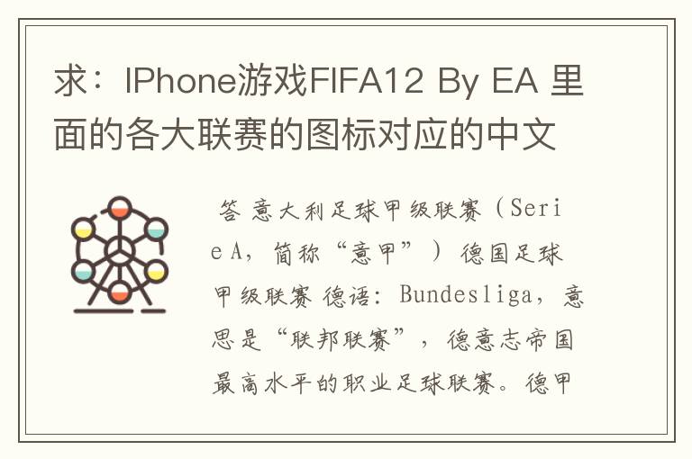 求:IPhone游戏FIFA12 By EA 里面的各大联赛的图标对应的中文名称 例如:Liga BBVA 西甲
