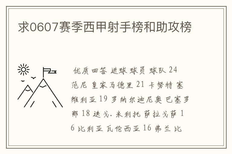求0607赛季西甲射手榜和助攻榜