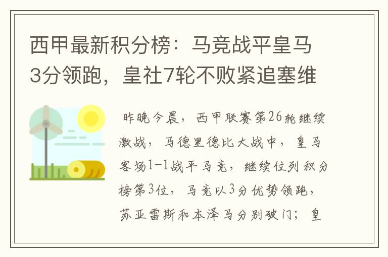 西甲最新积分榜:马竞战平皇马3分领跑,皇社7轮不败紧追塞维