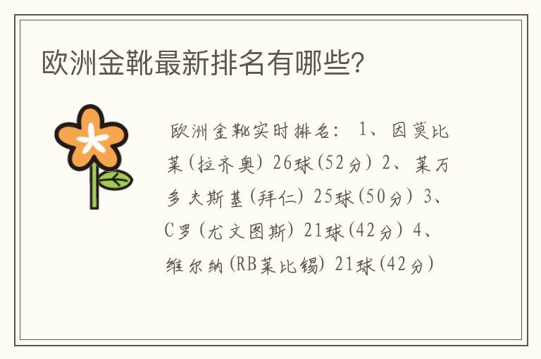 欧洲金靴最新排名有哪些?
