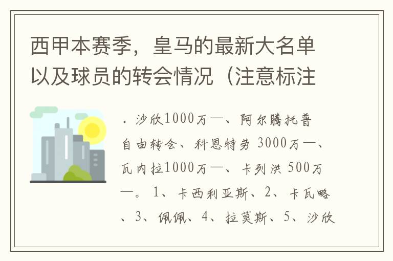 西甲本赛季,皇马的最新大名单以及球员的转会情况(注意标注球员身价)