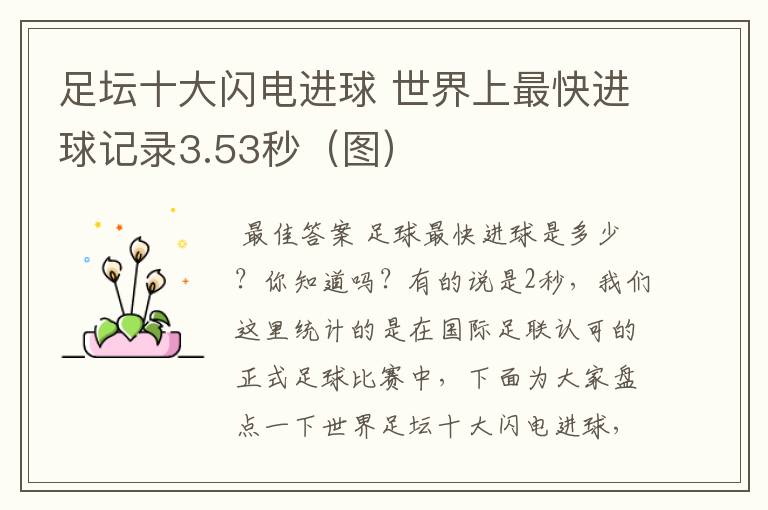 足坛十大闪电进球 世界上最快进球记录3.53秒(图)