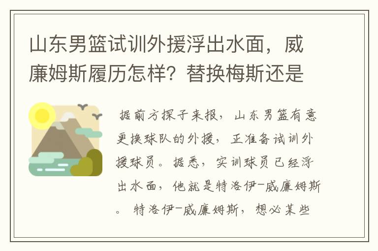 山东男篮试训外援浮出水面,威廉姆斯履历怎样?替换梅斯还是哈德森?