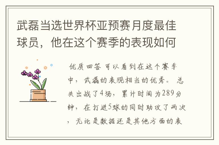 武磊当选世界杯亚预赛月度最佳球员,他在这个赛季的表现如何?
