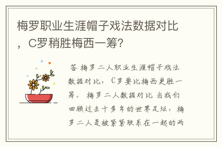 梅罗职业生涯帽子戏法数据对比,C罗稍胜梅西一筹?