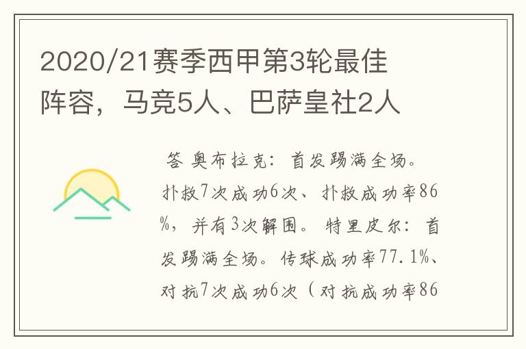 2020/21赛季西甲第3轮最佳阵容,马竞5人、巴萨皇社2人
