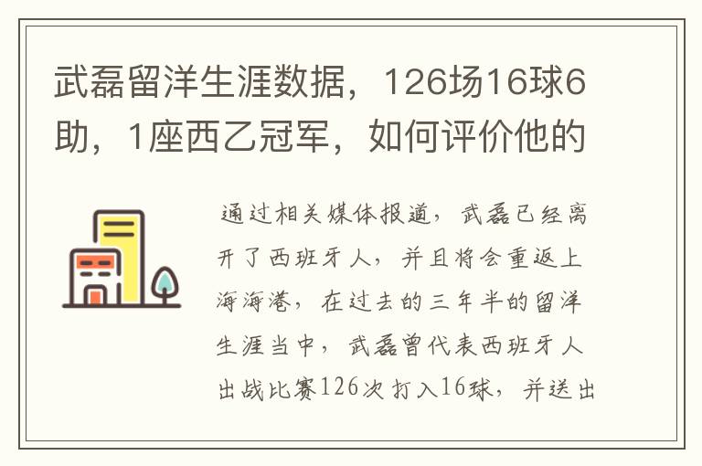 武磊留洋生涯数据,126场16球6助,1座西乙冠军,如何评价他的表现?